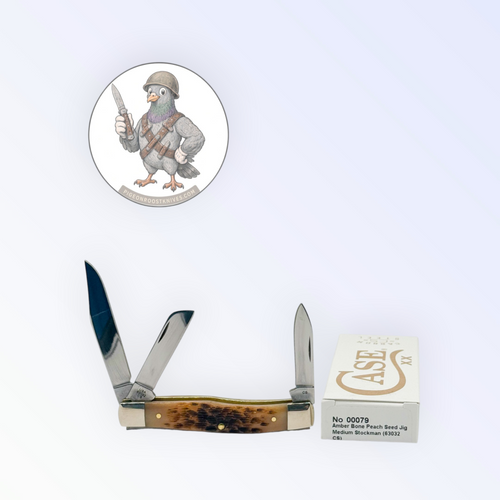 Pigeon Roost Knives Case XX Medium Stockman pocket knife with amber peach seed jigged bone handle and three blades.