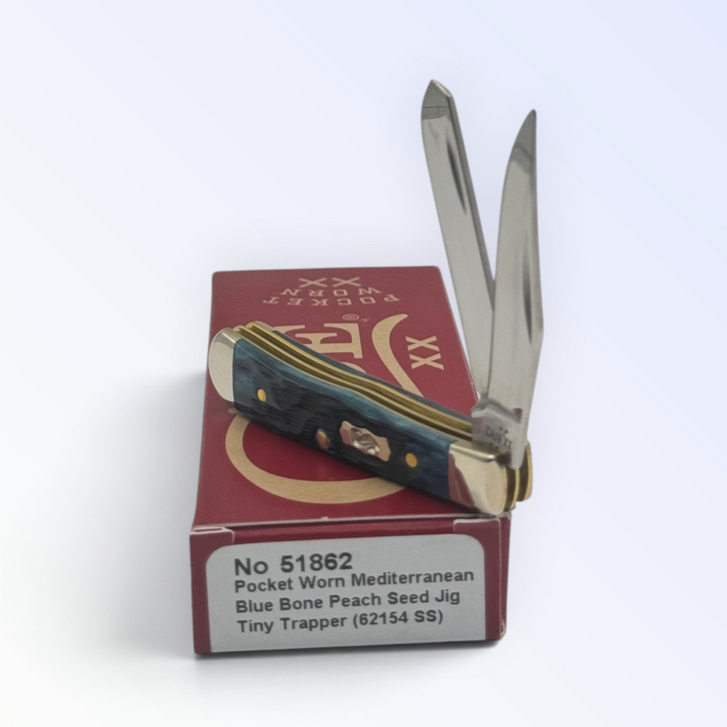 Case XX 51862 Tiny Trapper Pocket Worn Mediterranean Blue Bone — angled open view on Case XX packaging