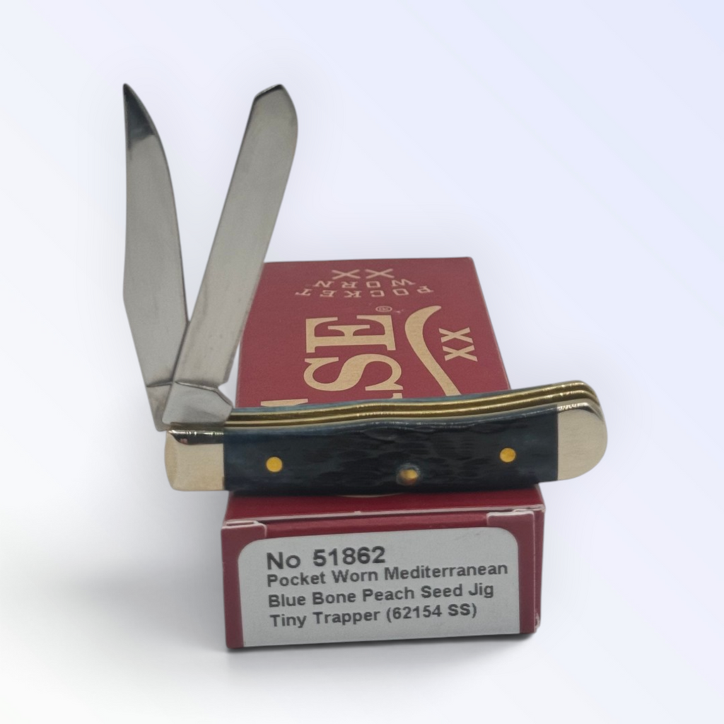 Tiny Trapper Pocket Worn Mediterranean Blue Bone by Case XX (51862), close view of handle texture with blades open on box