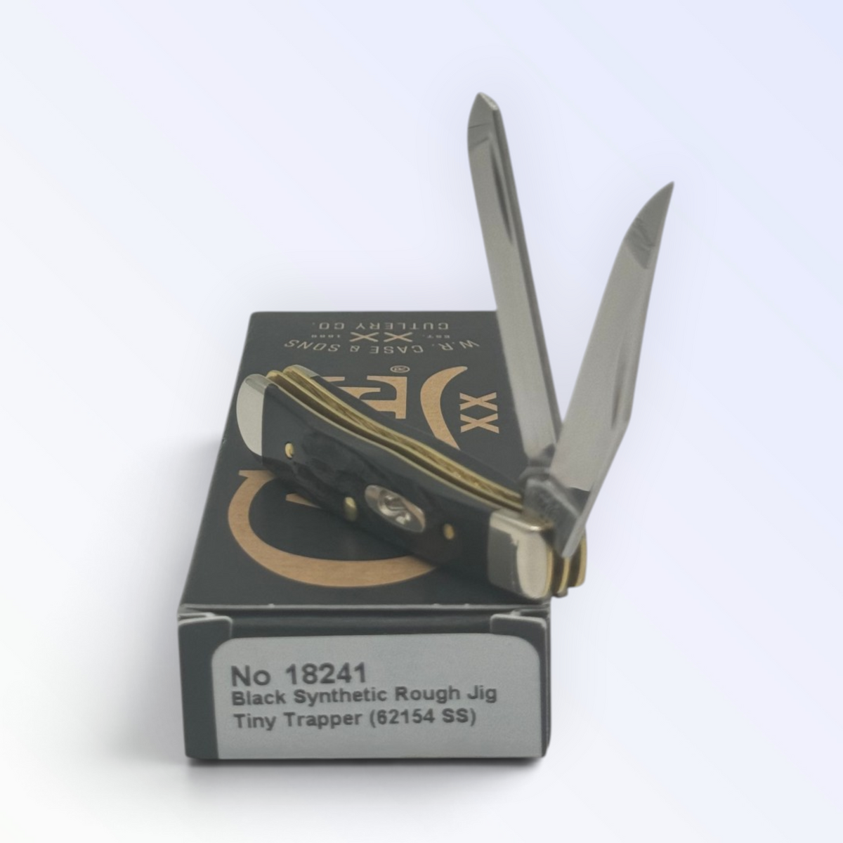 Case XX 18241 Tiny Trapper Rough Black Synthetic — angled open view on Case XX packaging