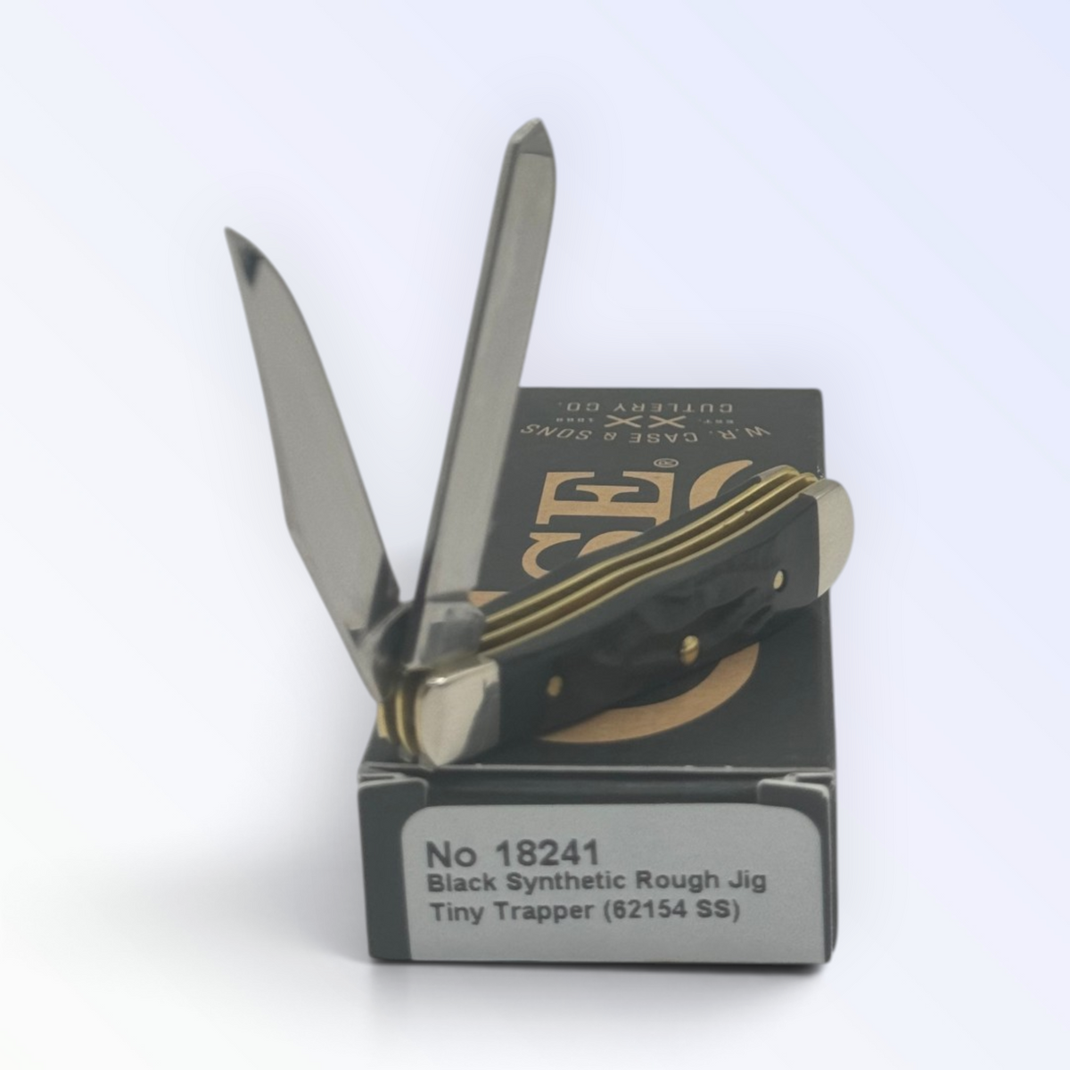 Case XX Tiny Trapper Rough Black Synthetic (18241) — pocket-knife studio shot on retail box