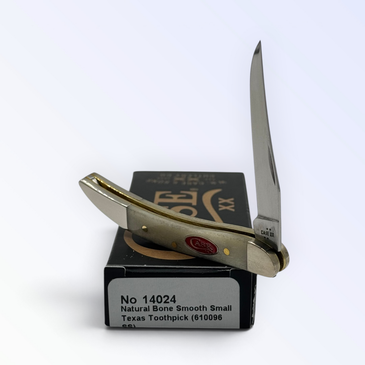 Case XX 14024 Toothpick in smooth natural bone — angled open view on Case XX packaging