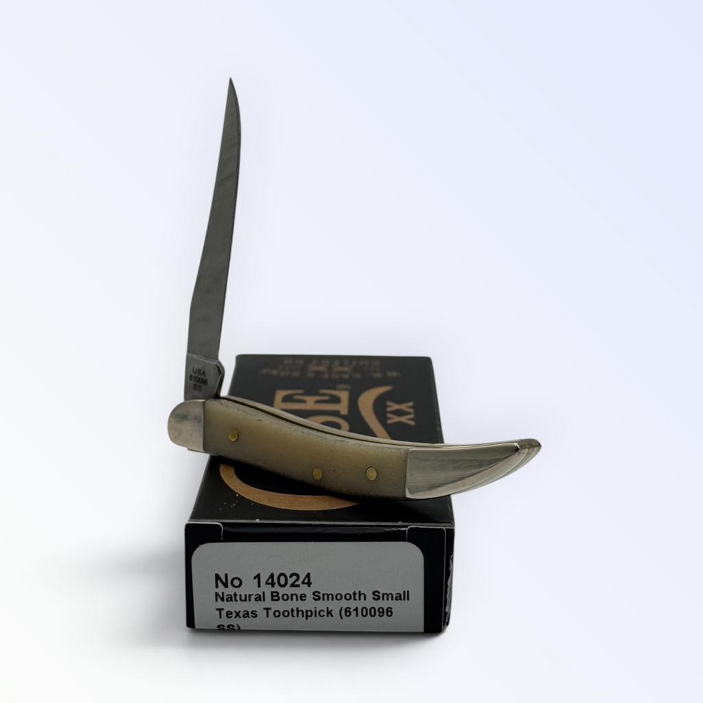 Case XX Toothpick 14024: smooth natural bone, open on box with end label facing forward