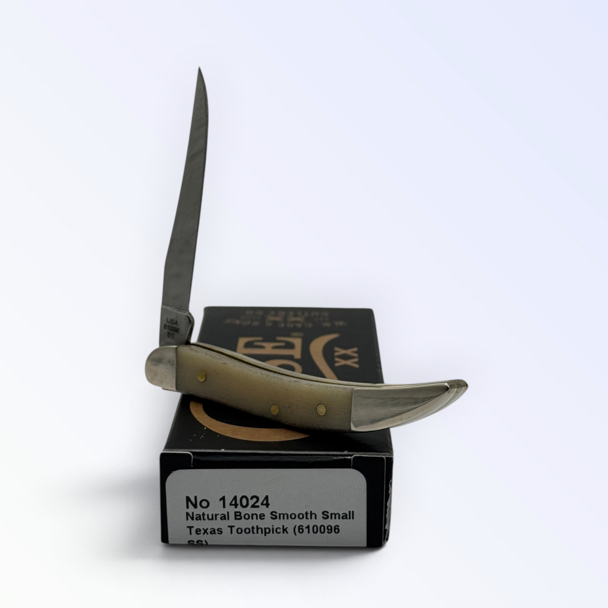 Case XX Toothpick 14024: smooth natural bone, open on box with end label facing forward
