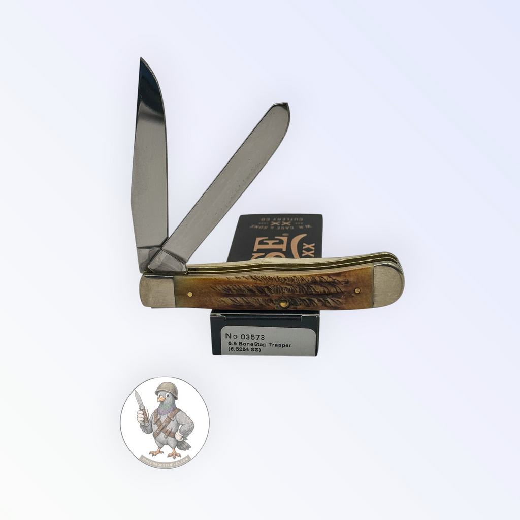 Case XX 03573 6.5 BoneStag Trapper in BoneStag handles — angled open view on Case XX packaging