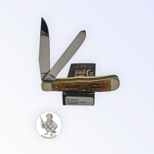 Case XX 03573 6.5 BoneStag Trapper in BoneStag handles — angled open view on Case XX packaging