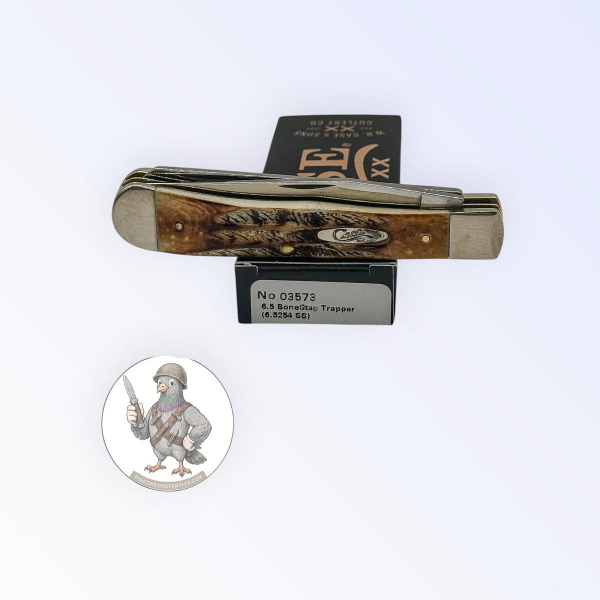 6.5 BoneStag Trapper by Case XX in BoneStag handles (03573), open on box with end label visible