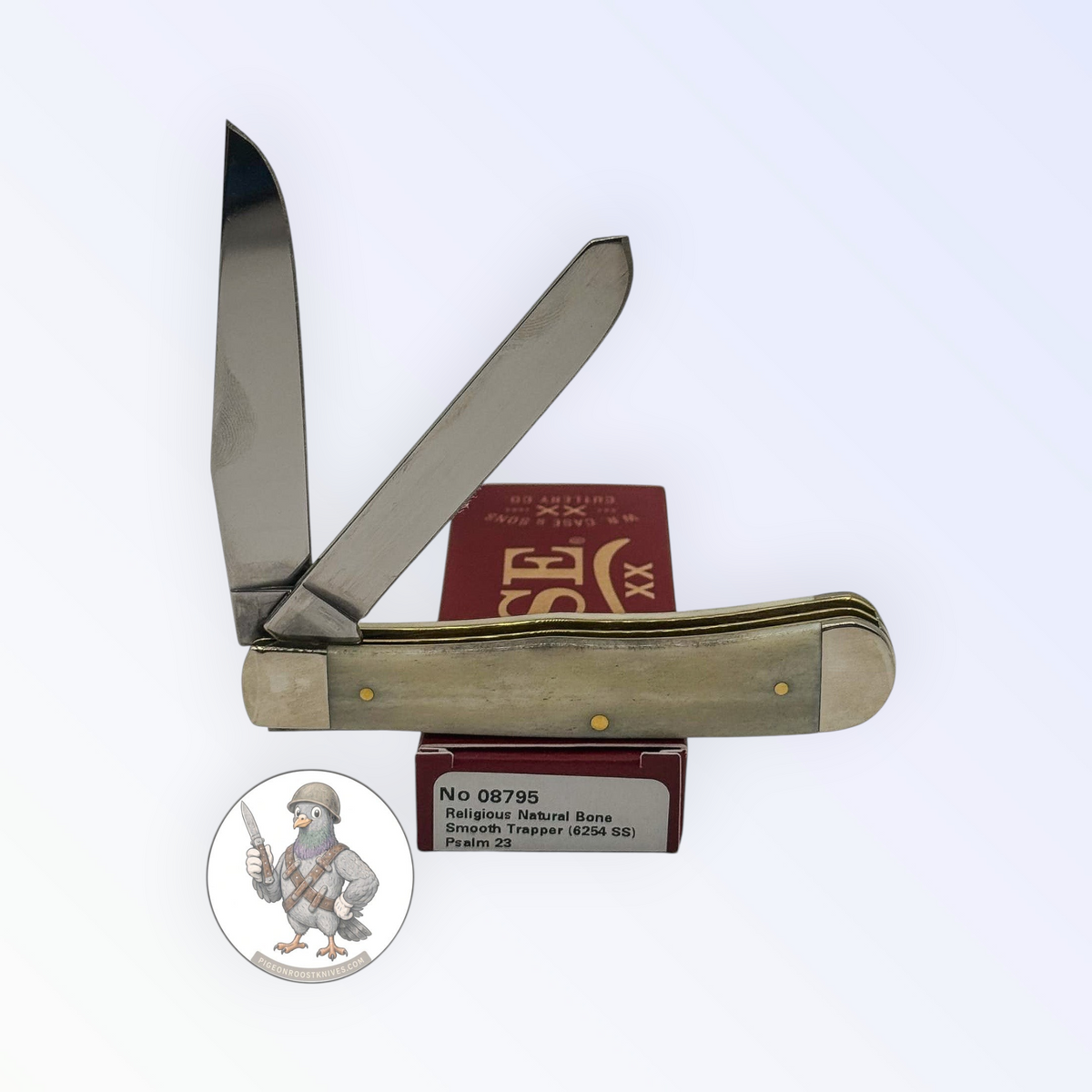 Case XX 08795 Trapper in Psalm 23 smooth natural bone — angled open view on Case XX packaging