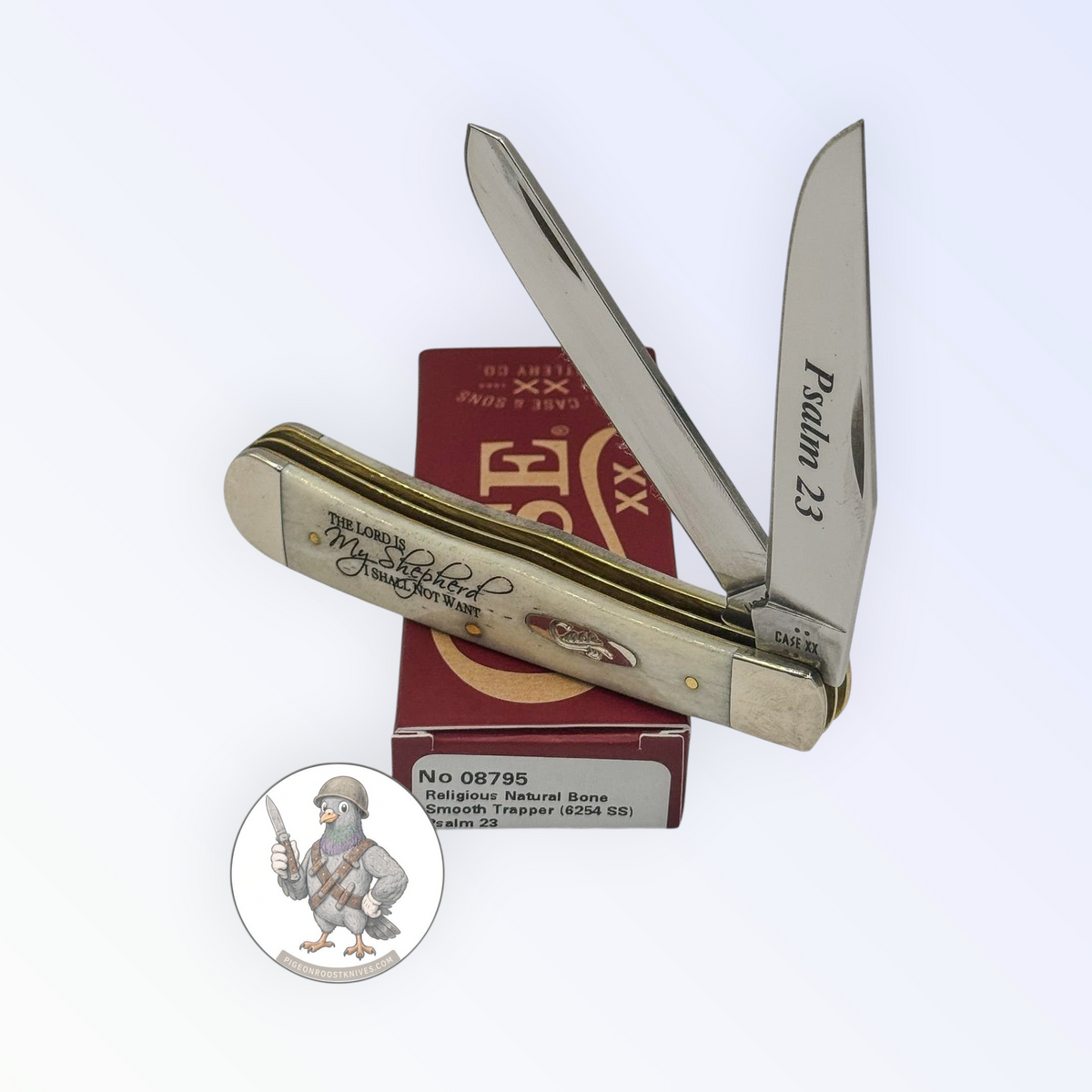 Trapper by Case XX in Psalm 23 smooth natural bone (08795), open on box with end label facing forward