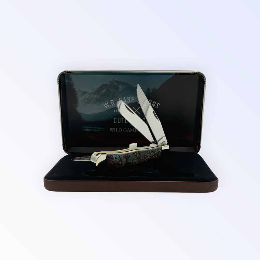 Pigeon Roost Knives Case XX Wild Game Series Trapper knife with smooth bone handle and stainless steel blades in a tin