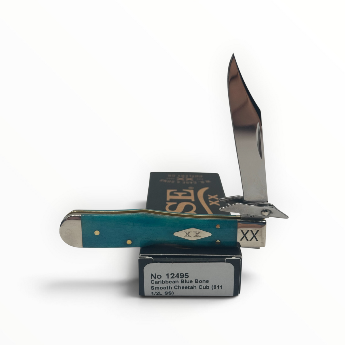 Pigeon Roost Knives Case XX Cheetah Cub pocket knife with smooth Caribbean blue bone handle and open locking blade.