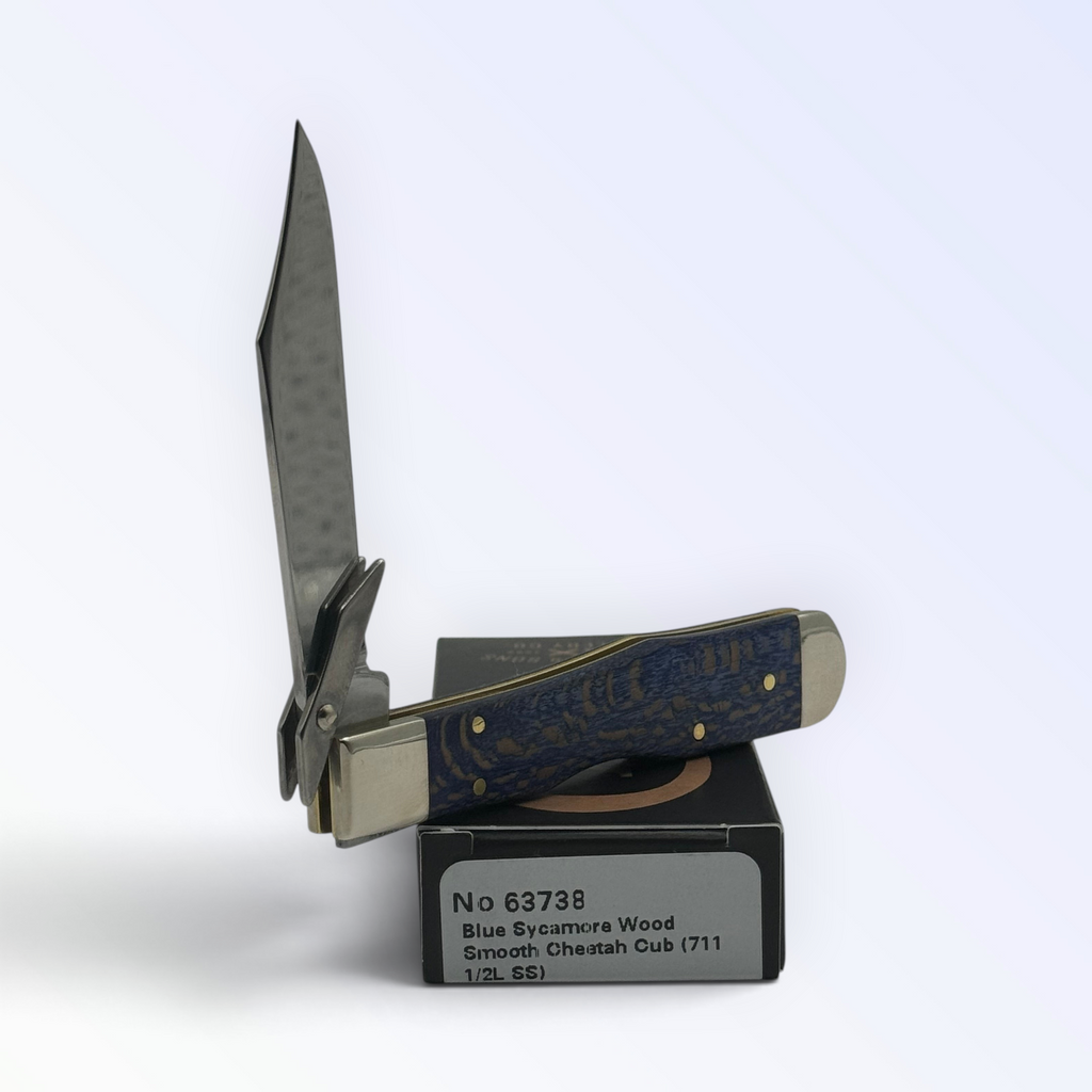 Pigeon Roost Knives Case XX Cheetah Cub pocket knife with blue sycamore wood handle and swing guard blade
