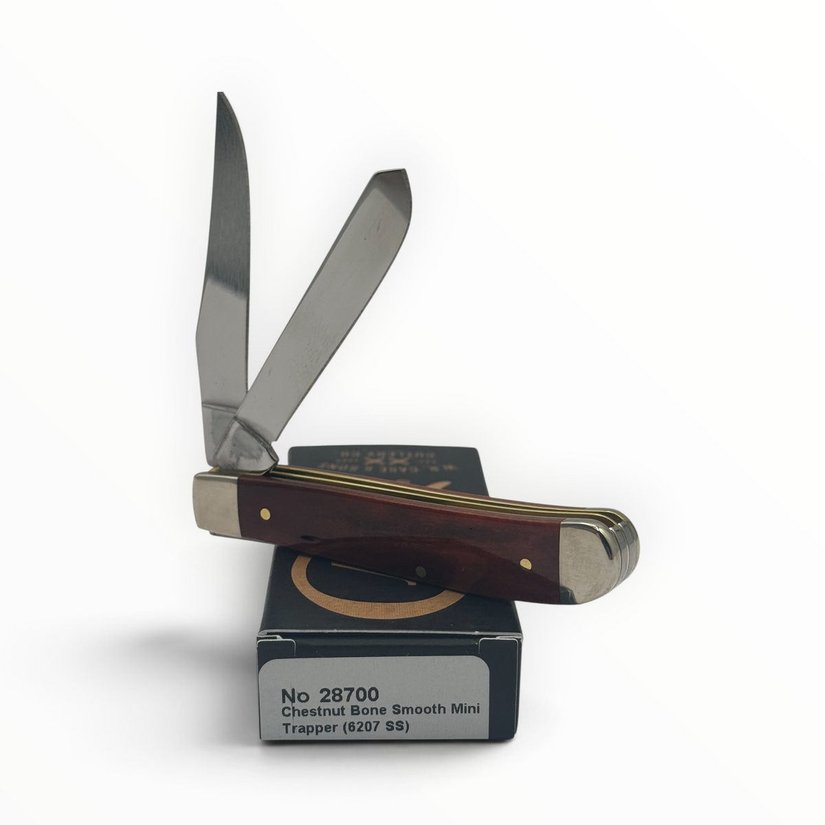 Pigeon Roost Knives Case XX Mini Trapper pocket knife with smooth chestnut bone handle and two stainless steel blades.