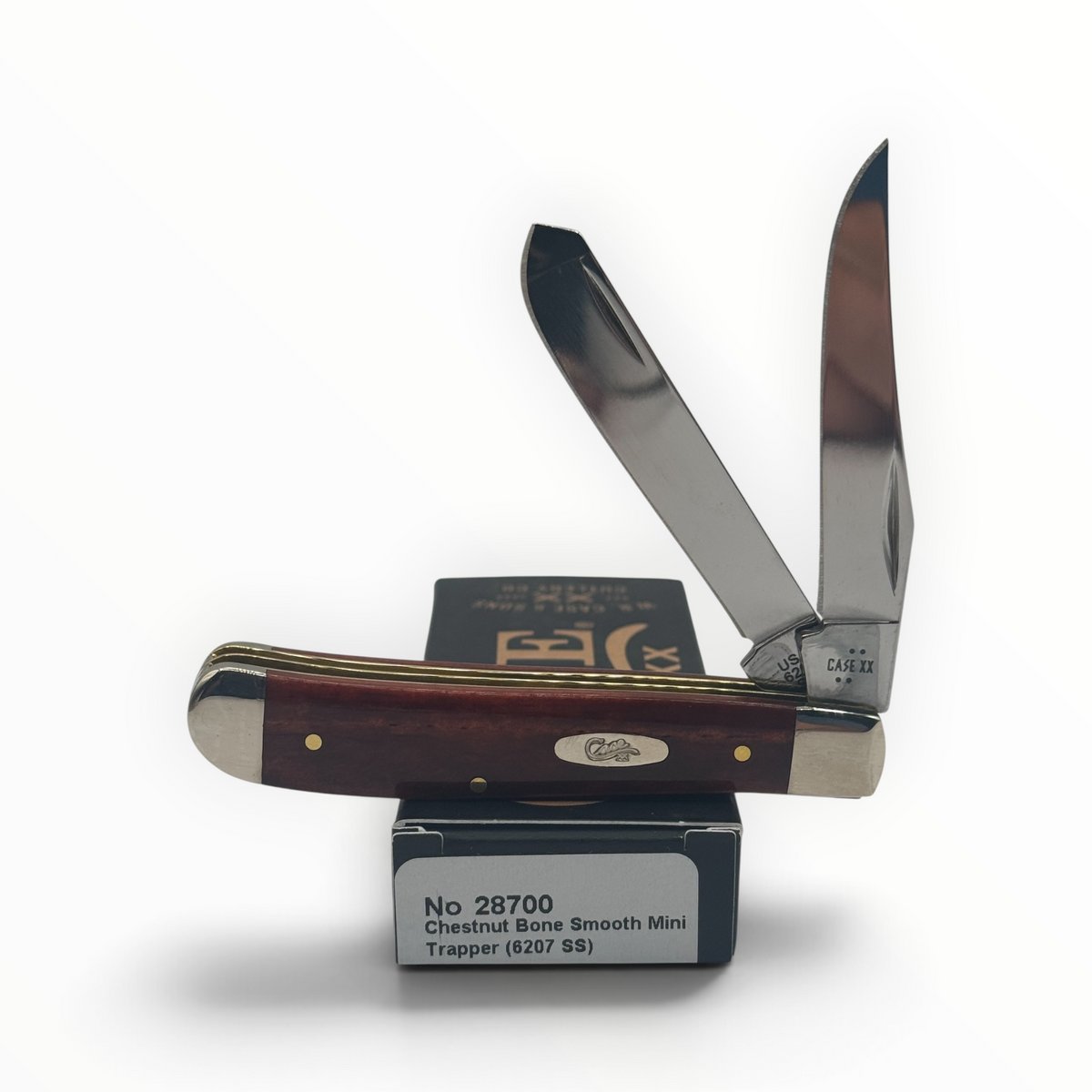 Pigeon Roost Knives Case XX Mini Trapper with smooth chestnut bone handle, nickel silver bolsters, and two steel blades.