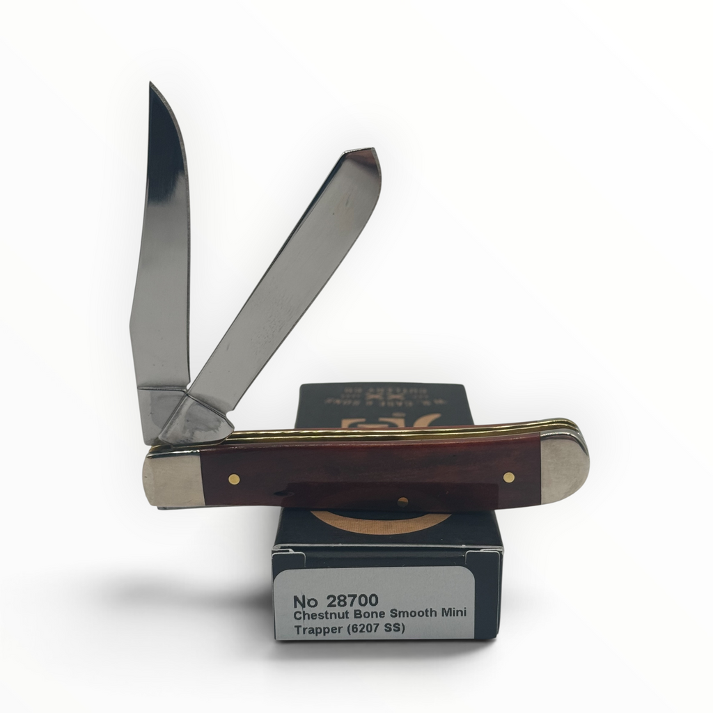 Pigeon Roost Knives Case XX Mini Trapper with smooth chestnut bone handle and two stainless steel blades