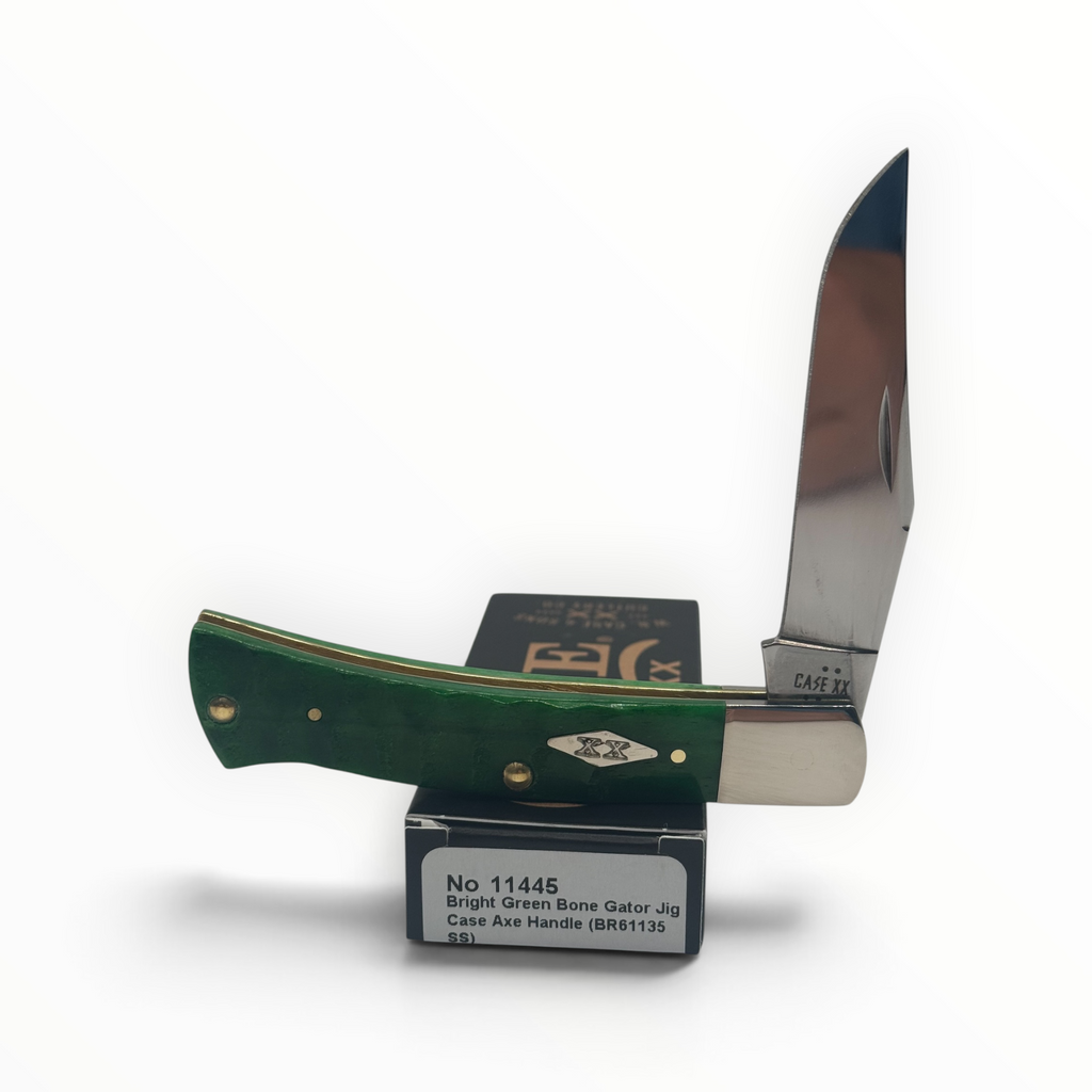 Pigeon Roost Knives Case XX pocket knife with bright green gator jigged bone handle and stainless steel clip blade