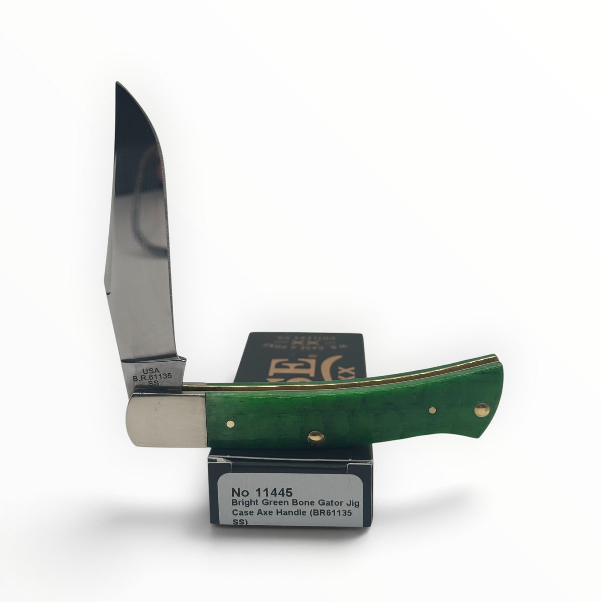 Pigeon Roost Knives Case XX Axe Handle pocket knife with bright green gator jigged bone handle and clip point blade