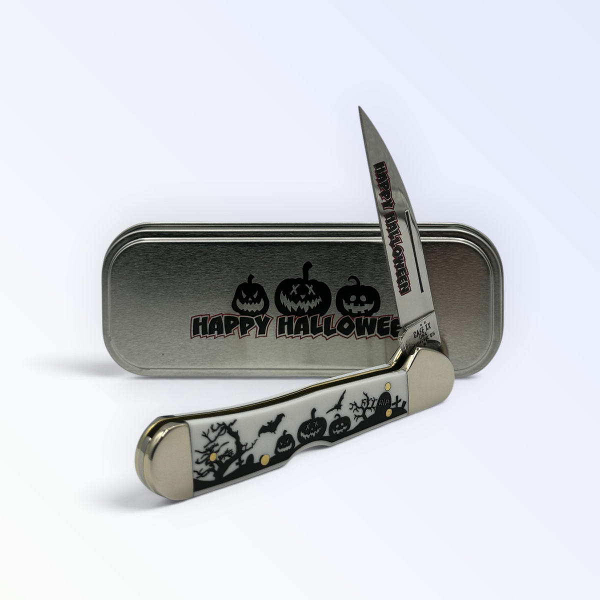 Pigeon Roost Knives Case XX 2025 Happy Halloween Copperlock pocket knife with graveyard handle and etched blade in tin