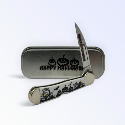 Pigeon Roost Knives Case XX 2025 Happy Halloween Copperlock pocket knife with graveyard handle and etched blade in tin