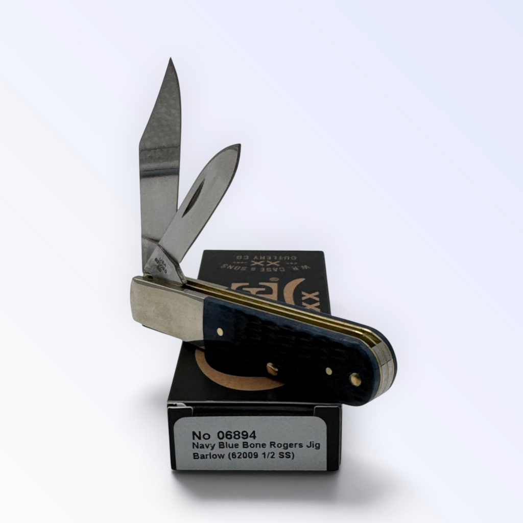 Pigeon Roost Knives Case XX Barlow pocket knife with navy blue jigged bone handle and two stainless steel blades