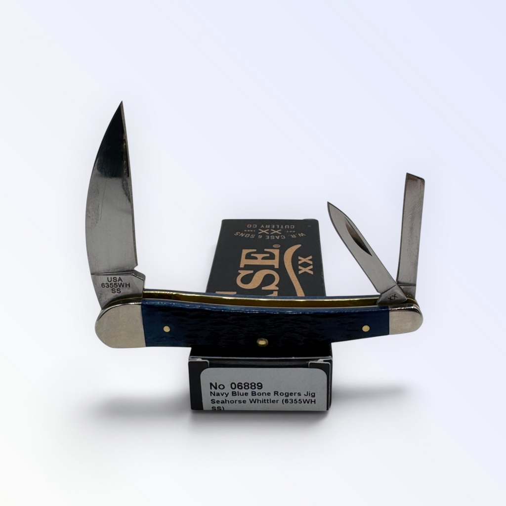 Pigeon Roost Knives Case XX Navy Blue Bone Seahorse Whittler pocket knife with three polished carbon steel blades