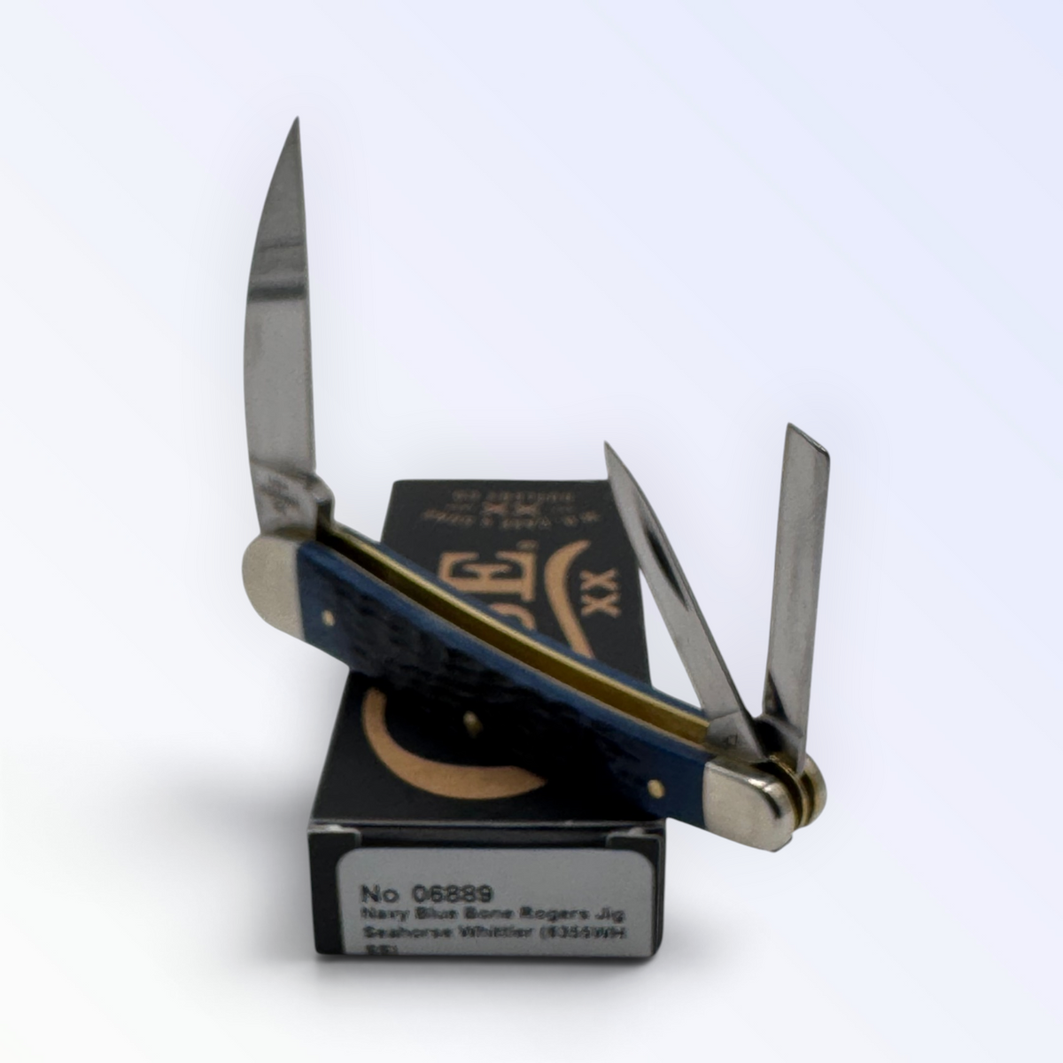 Pigeon Roost Knives Case XX Seahorse Whittler pocket knife with navy blue jigged bone handle and three open blades