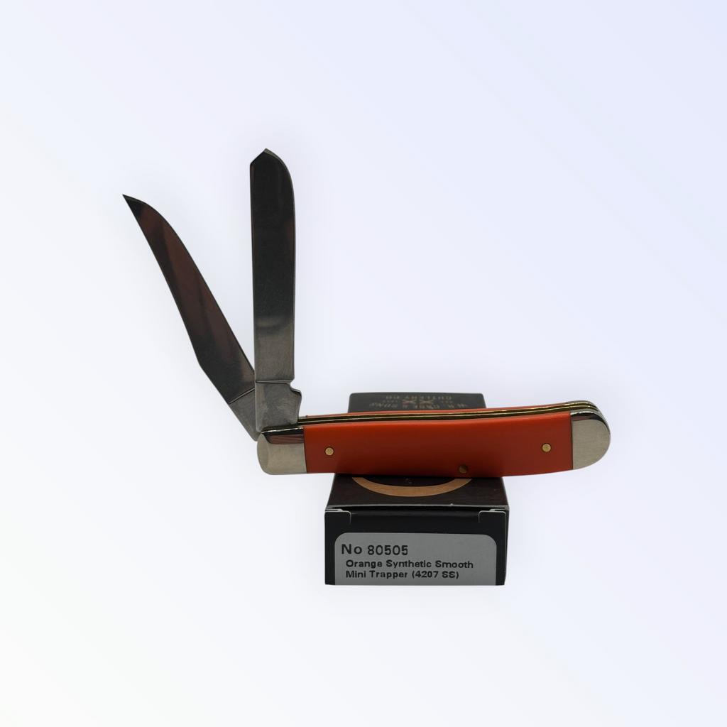 Pigeon Roost Knives Case XX Mini Trapper pocket knife with smooth orange synthetic handle and two stainless blades