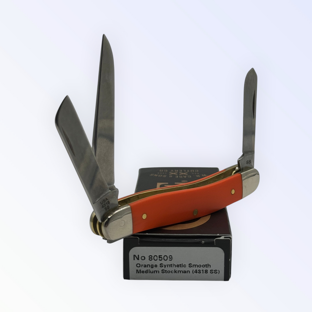 Pigeon Roost Knives Case XX Medium Stockman pocket knife with bright orange handle and three stainless steel blades