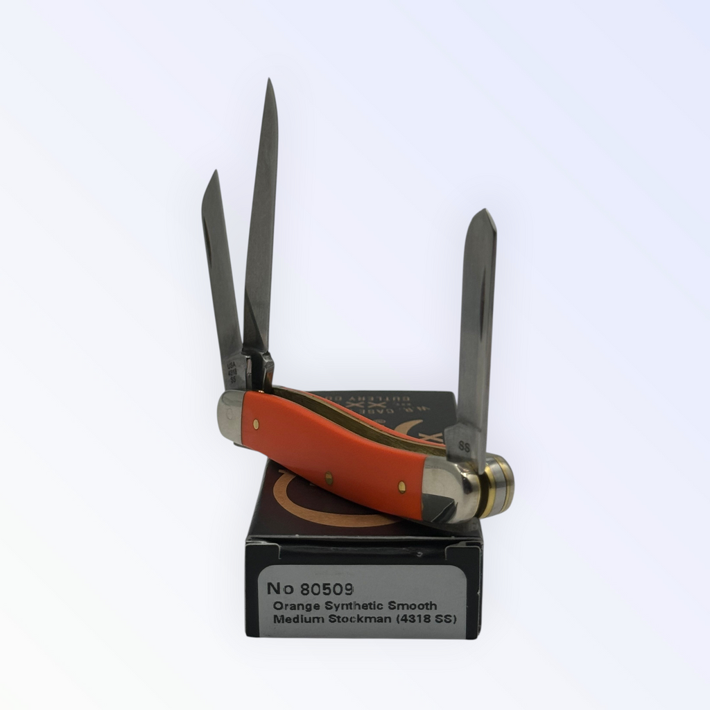 Pigeon Roost Knives Case XX Medium Stockman pocket knife with bright orange synthetic handle and three steel blades