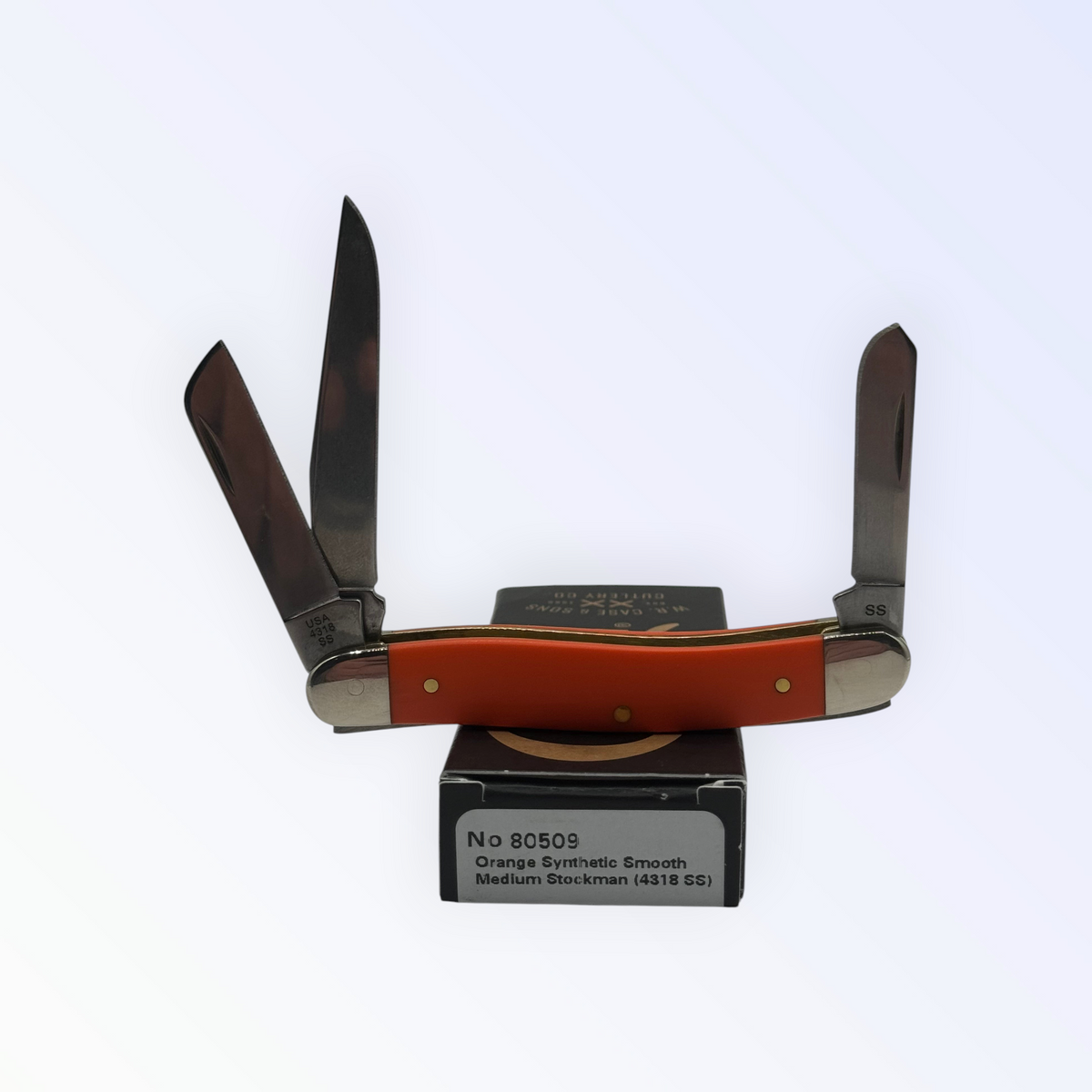 Pigeon Roost Knives Case XX Medium Stockman pocket knife with smooth orange synthetic handle and three steel blades.
