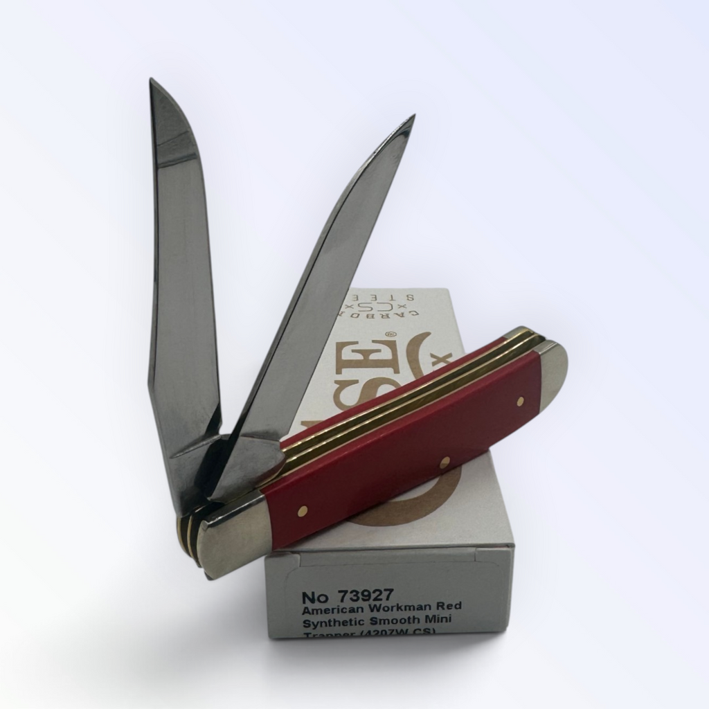Pigeon Roost Knives Case XX American Workman Mini Trapper with smooth red synthetic handle and dual carbon steel blades