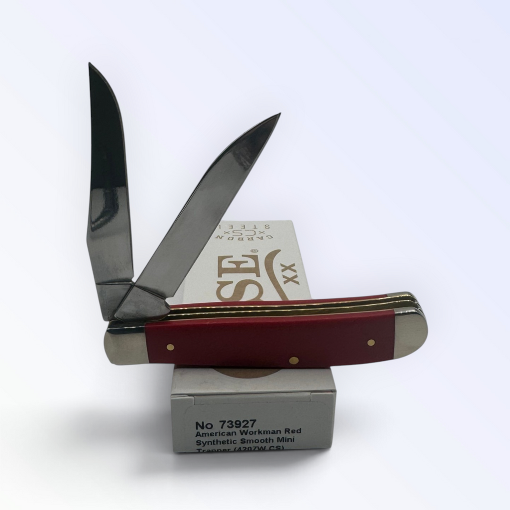 Pigeon Roost Knives Case XX American Workman Mini Trapper with red synthetic handle and two carbon steel blades