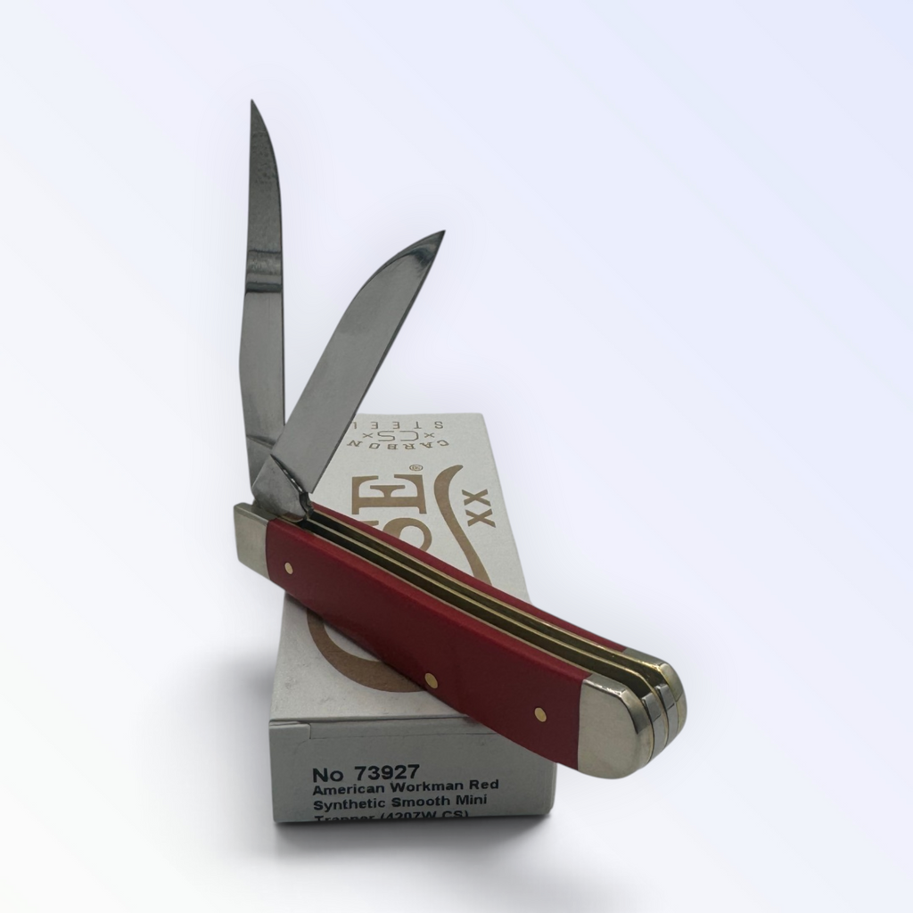 Pigeon Roost Knives Case XX American Workman Mini Trapper with smooth red synthetic handle and two carbon steel blades