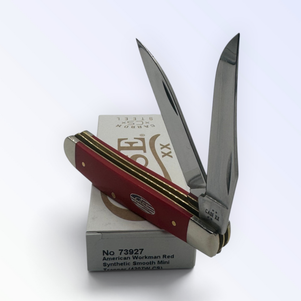 Pigeon Roost Knives Case XX American Workman Mini Trapper with red synthetic handle and carbon steel blades