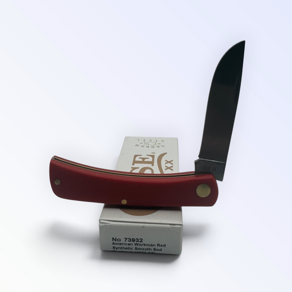 Pigeon Roost Knives Case XX American Workman Sod Buster Jr pocket knife with a red synthetic handle and skinner blade