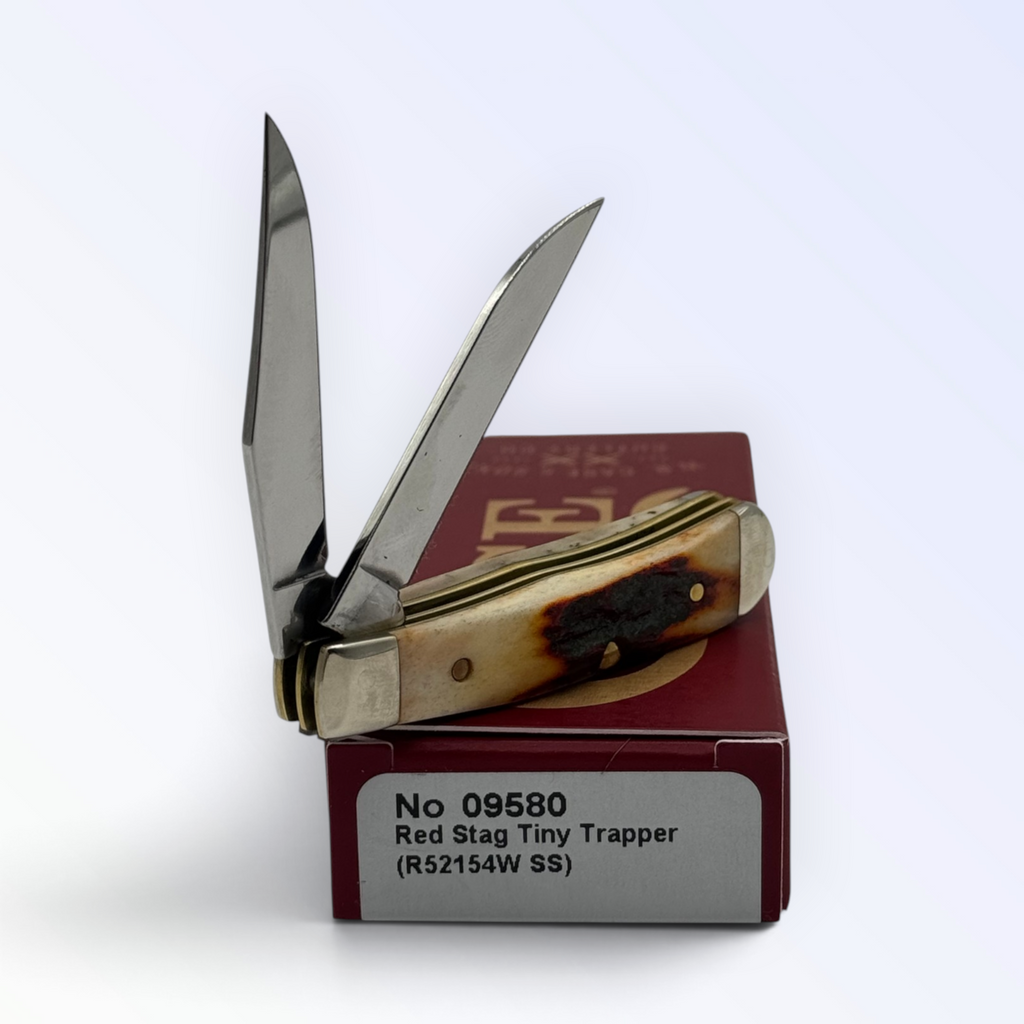 Pigeon Roost Knives Case XX Tiny Trapper pocket knife with genuine red stag handle and dual stainless steel blades.