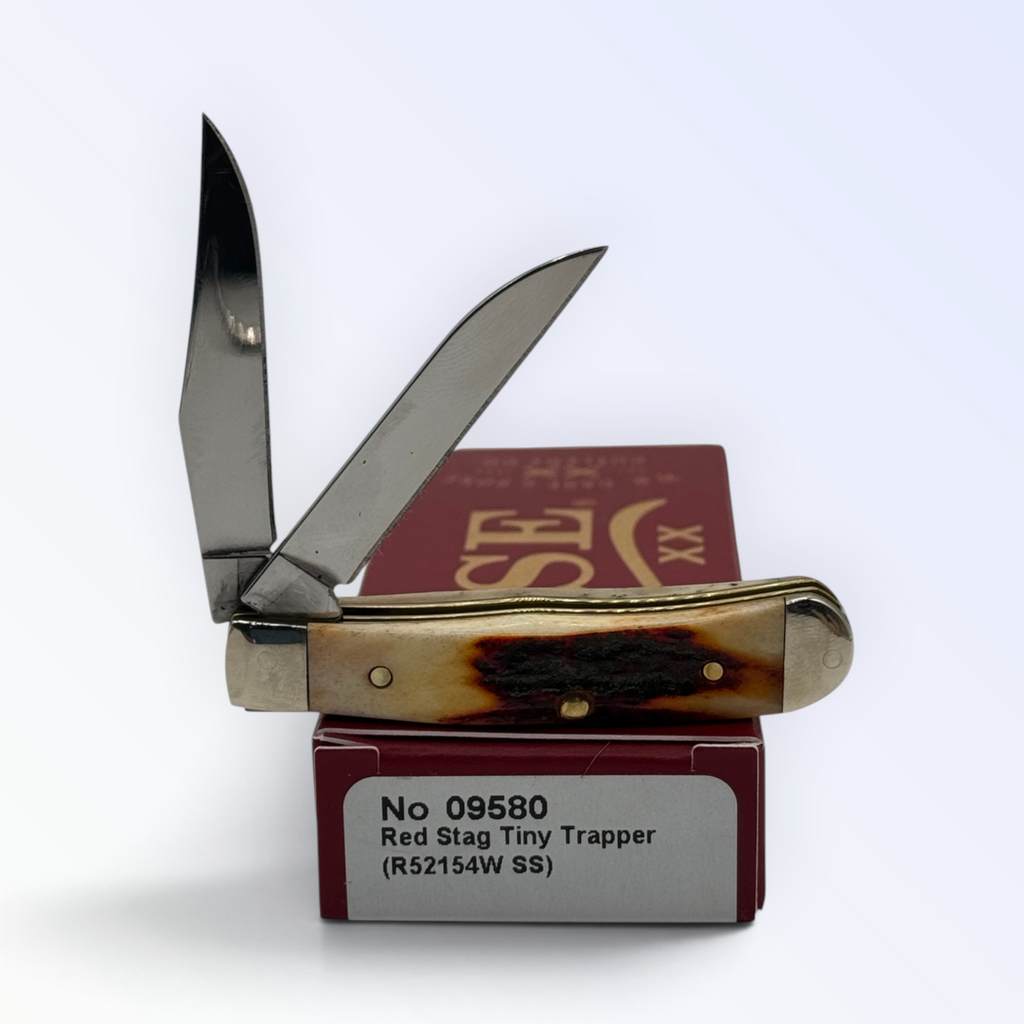 Pigeon Roost Knives Case XX Red Stag Tiny Trapper pocket knife with dual stainless steel blades and stag handle