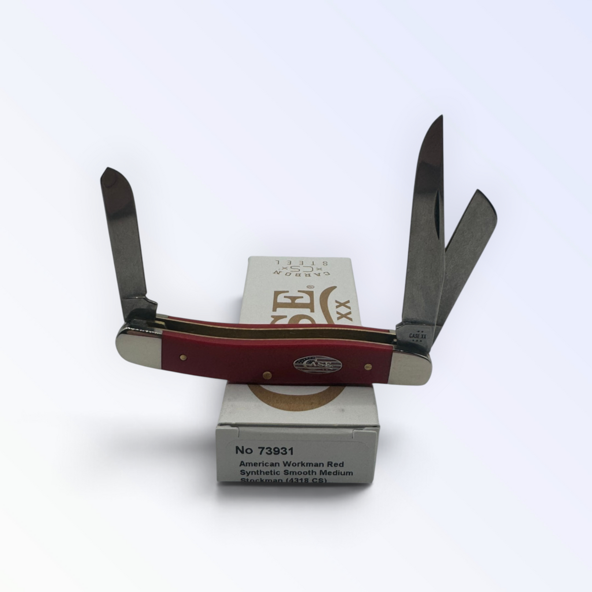 Pigeon Roost Knives Case XX American Workman medium stockman pocket knife with red synthetic handle and three blades