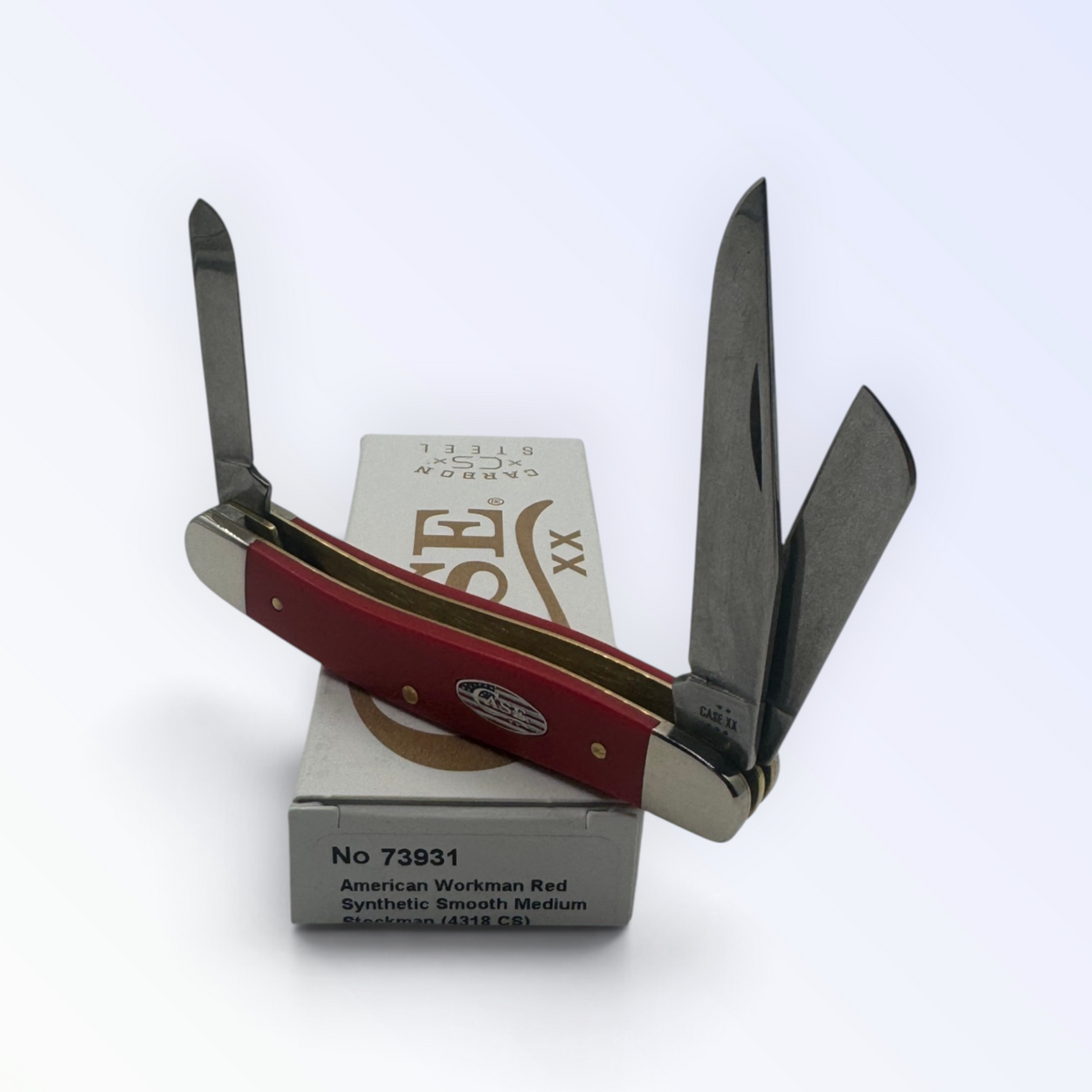 Pigeon Roost Knives Case XX American Workman medium stockman pocket knife with red synthetic handle and three blades