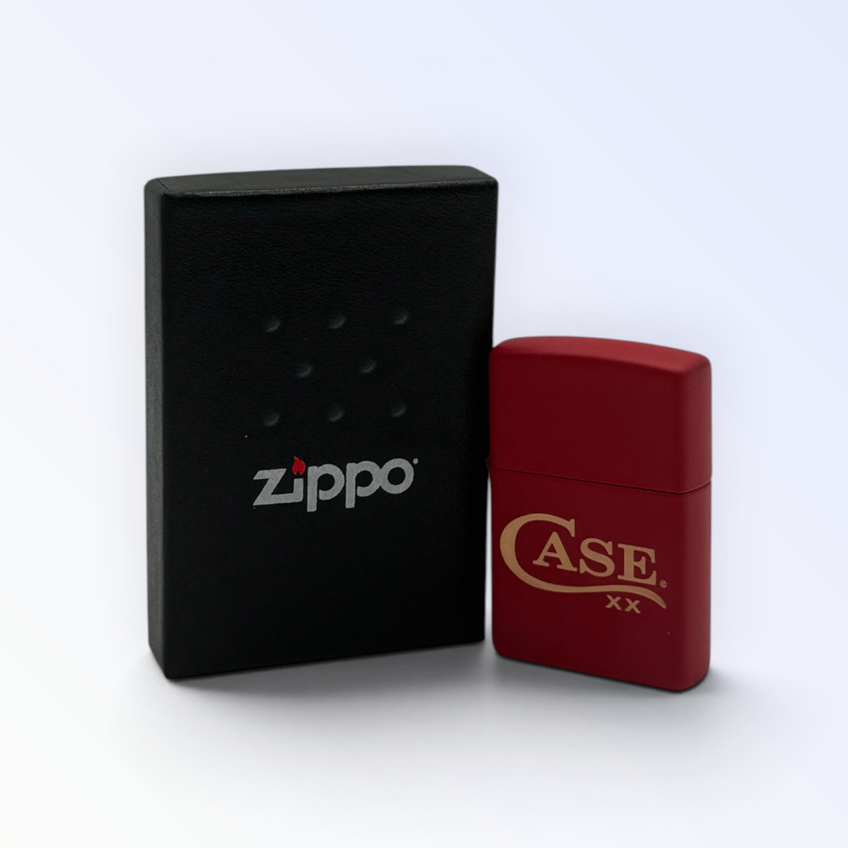 Pigeon Roost Knives red matte Zippo windproof lighter with gold Case XX logo next to its black gift box