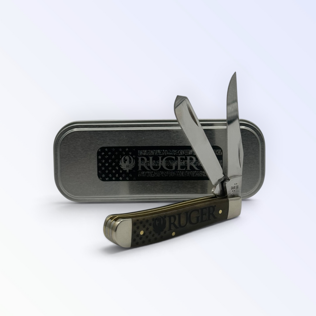 Pigeon Roost Knives Case XX Ruger Mini Trapper with olive green bone handle and two stainless steel blades in a tin
