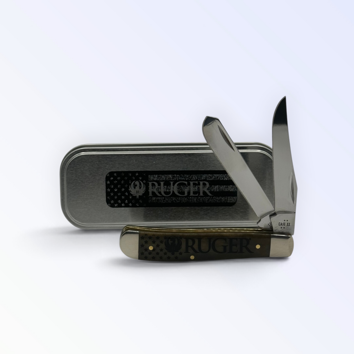Pigeon Roost Knives Case XX Ruger Mini Trapper with smooth olive green bone handle and two stainless steel blades
