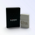 Pigeon Roost Knives white matte Zippo windproof lighter with gold Case XX logo next to a black Zippo gift box