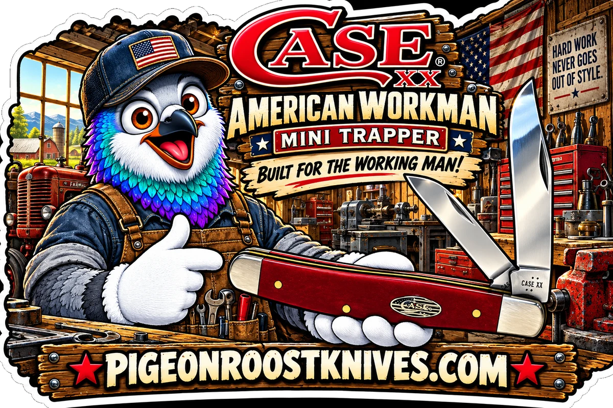 Pigeon Roost Knives pigeon in a flag cap and work overalls giving a thumbs-up with a red Case XX American Workman mini trapper in a farm workshop: Case XX American Workman mini trapper, built for the working man, PigeonRoostKnives.com.