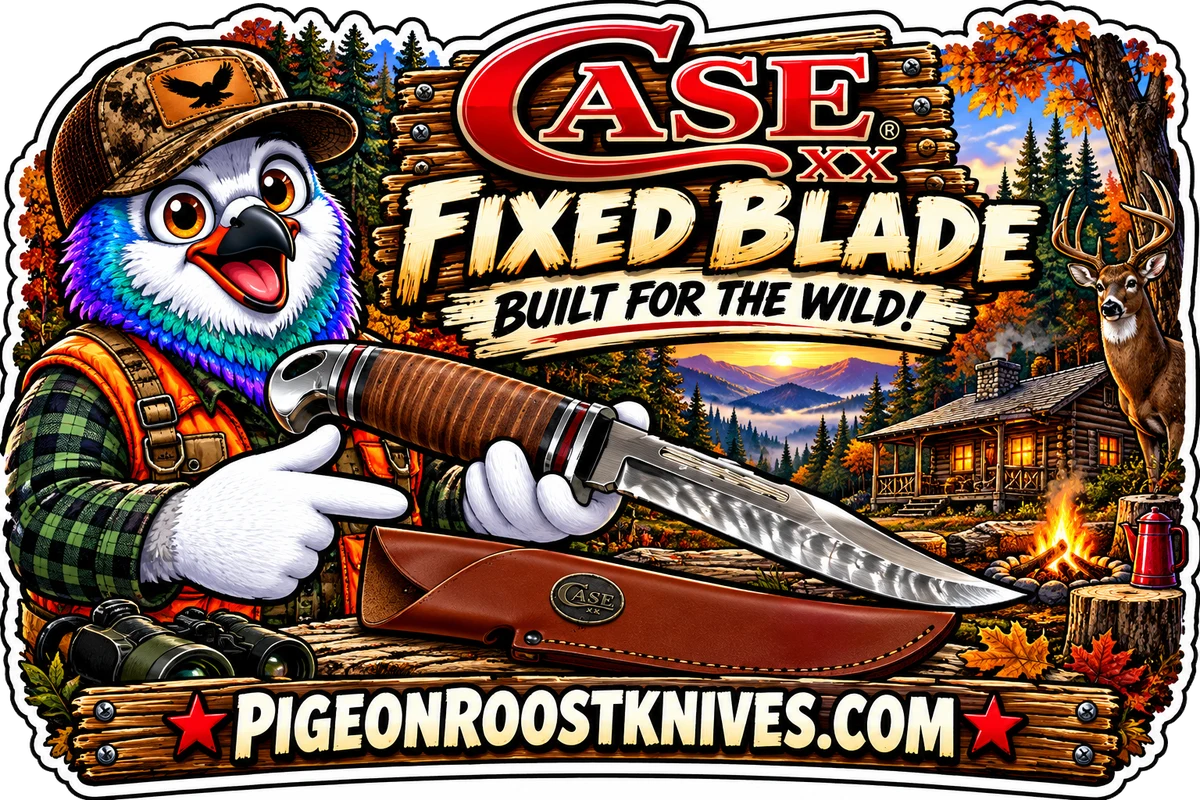 Pigeon Roost Knives pigeon in a camo cap and blaze orange vest holding a Case XX fixed blade hunter with a stacked leather handle and leather sheath, with a cabin, campfire and whitetail buck in the fall woods: Case XX fixed blade, built for the wild, PigeonRoostKnives.com.