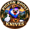 Pigeon Roost Knives badge with our pigeon in a trucker hat and overalls giving a thumbs-up