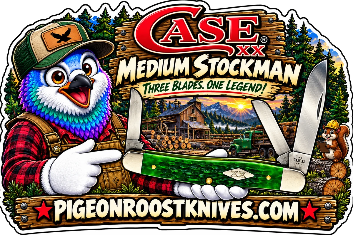 Pigeon Roost Knives pigeon in a trucker cap, plaid shirt and overalls holding a three-blade Case XX medium stockman with a green jigged handle in front of a mountain sawmill: Case XX Medium Stockman, three blades, one legend, PigeonRoostKnives.com.