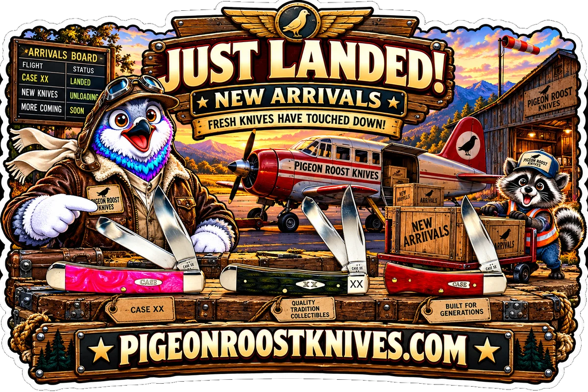 Pigeon Roost Knives pigeon pilot in a leather flight jacket and goggles pointing at pink, green and red Case XX trapper knives, with a Pigeon Roost Knives plane, an arrivals board and a raccoon unloading New Arrivals crates: Just landed, new arrivals, fresh knives have touched down, PigeonRoostKnives.com.