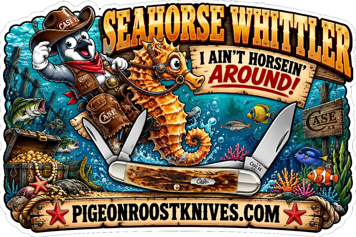 Case XX Seahorse Whittler pocket knife – Pigeon Roost Knives pigeon mascot
