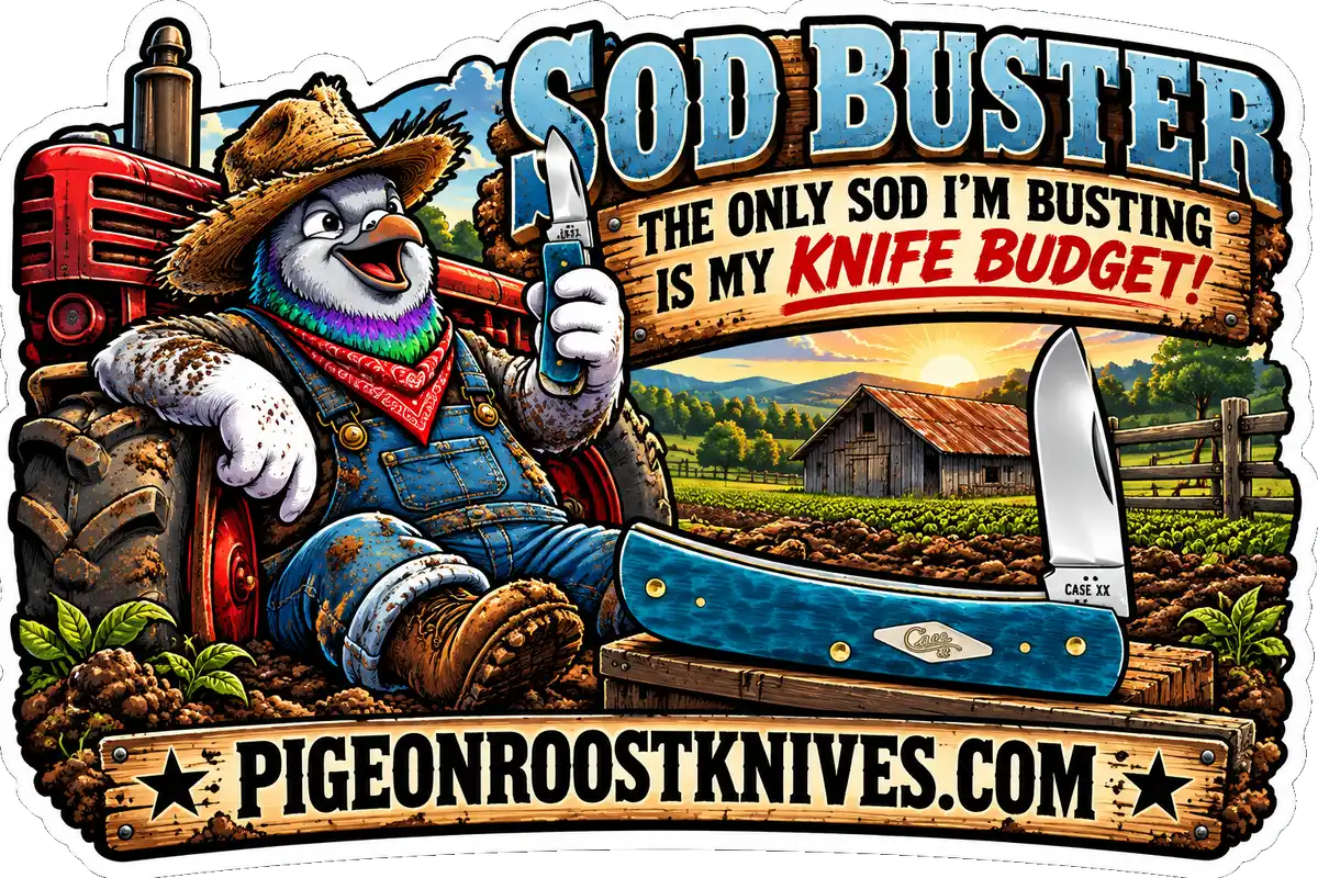Case XX Sod Buster pocket knife – Pigeon Roost Knives pigeon mascot